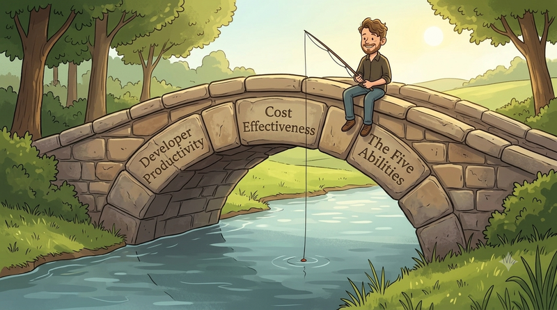 A cartoon figure fishing from a stone bridge, with the three cornerstones carved into the keystones: Developer Productivity, Cost Effectiveness, The Five Abilities.